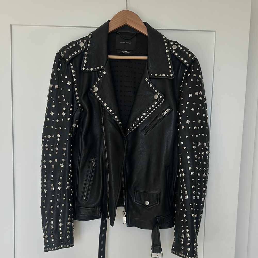 Scotch & Soda Black Leather Jacket with Studded Moto Design
